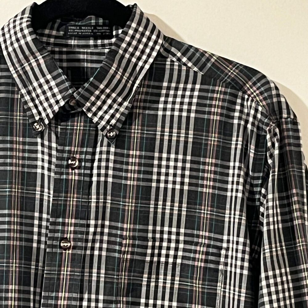 Single Needle Tailoring Mens Black Plaid Long Sleeve Button Down Shirt Large